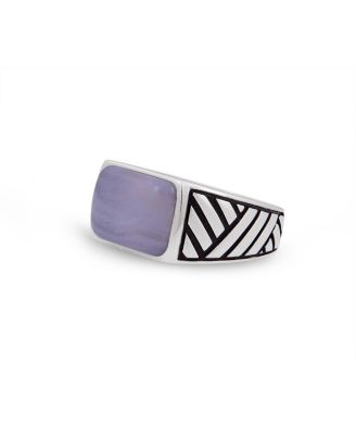 Blue Lace Agate Gemstone Sterling Silver Men Signet Ring in Black Rhodium