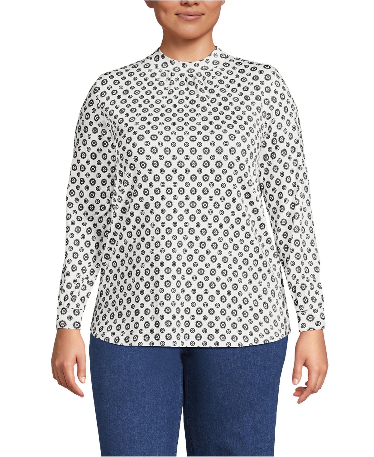 Lands' End Women's Plus Size Jersey Long Sleeve Gathered Mock Neck Tee