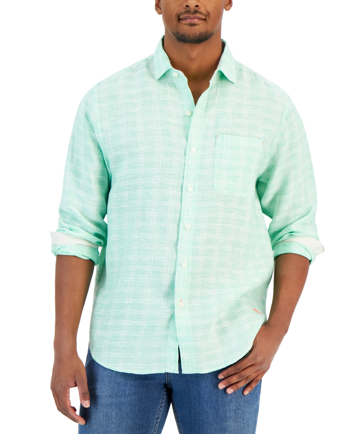 Shop Tommy Bahama Men's Linen Windowpane Textured Plaid Button-down Shirt In Spring Bouquet