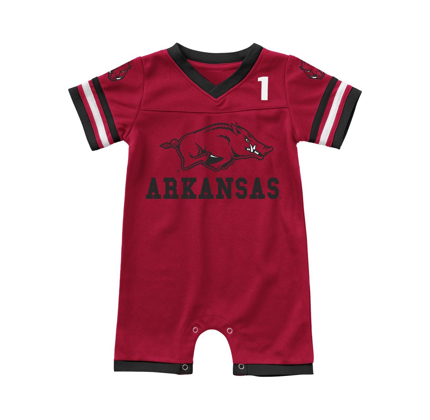 Newborn and Infant Boys and Girls Cardinal Arkansas Razorbacks Bumpo Football Logo Romper