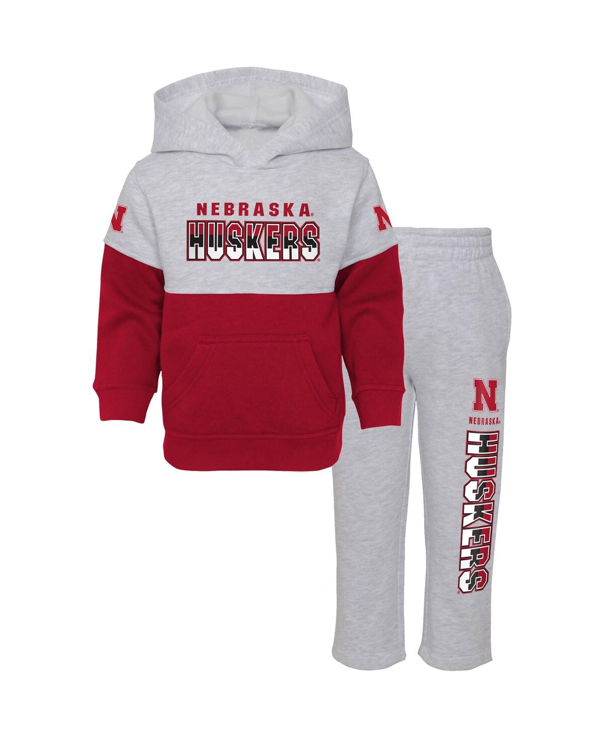 Outerstuff Babies' Toddler Boys And Girls Heather Gray, Scarlet Nebraska Huskers Playmaker Pullover Hoodie And Pants Se In Gray,scarlet