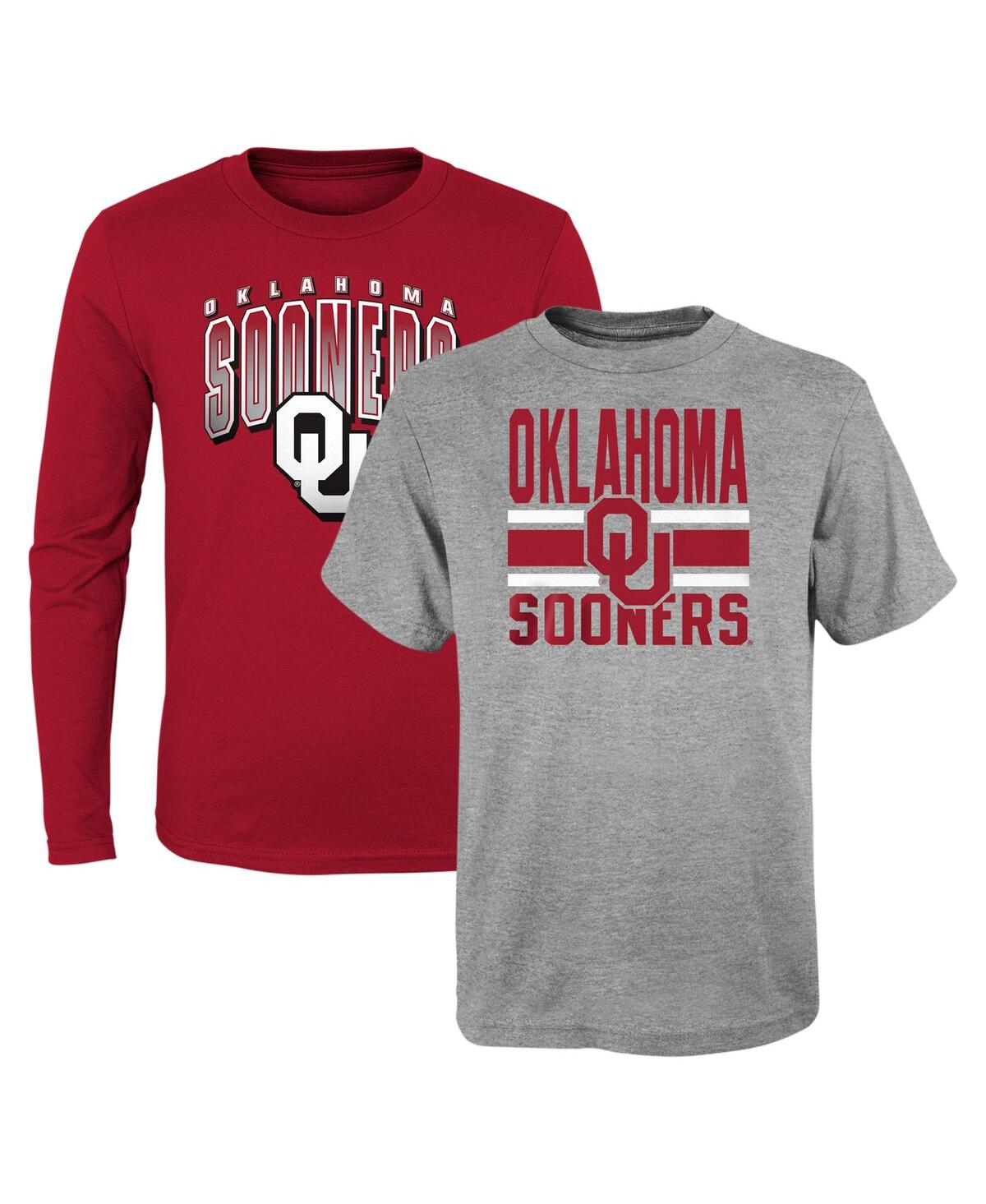 Outerstuff Babies' Preschool Boys And Girls Crimson, Heather Gray Oklahoma Sooners Fan Wave Short And Long Sleeve T-shi In Crimson,heather Gray