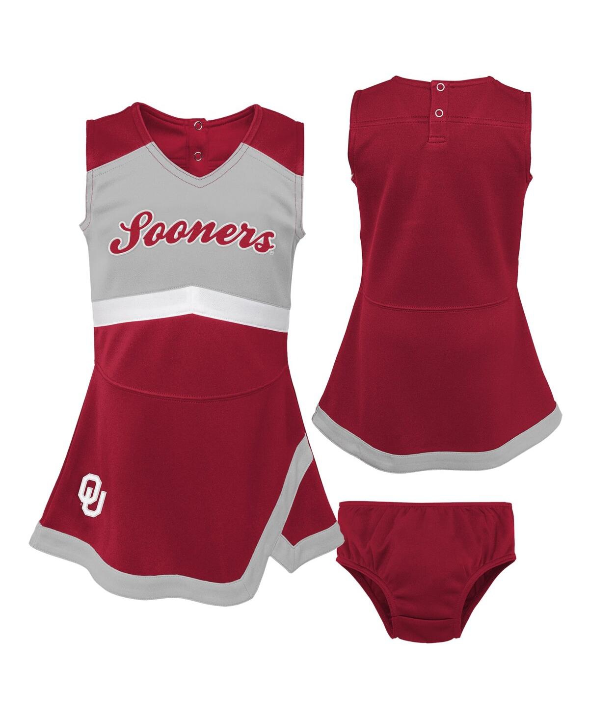 Outerstuff Babies' Girls Toddler Crimson, Gray Oklahoma Sooners Two-piece Cheer Captain Jumper Dress And Bloomers Set In Crimson,gray