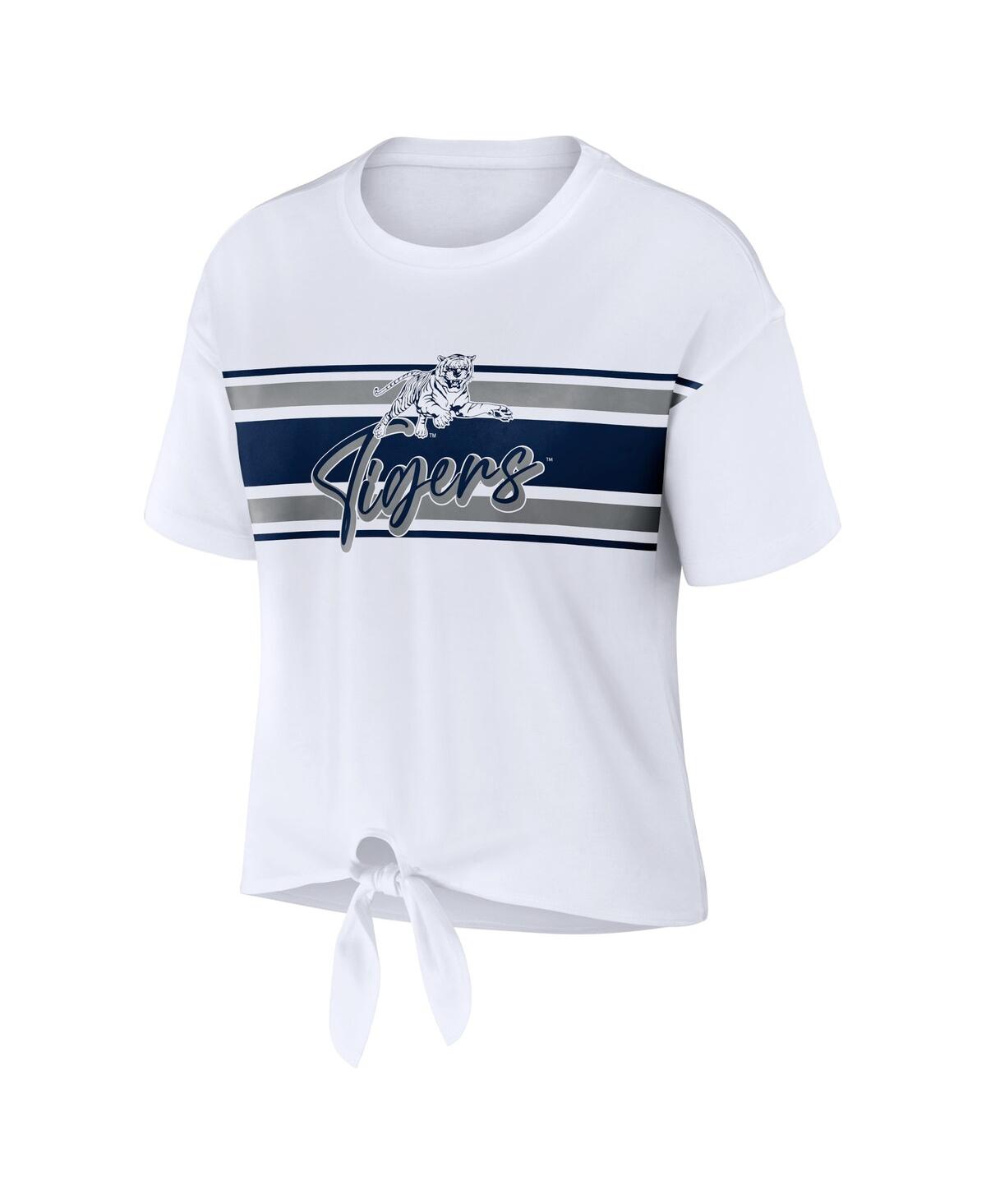 Shop Wear By Erin Andrews Women's  White Jackson State Tigers Striped Front Knot Cropped T-shirt