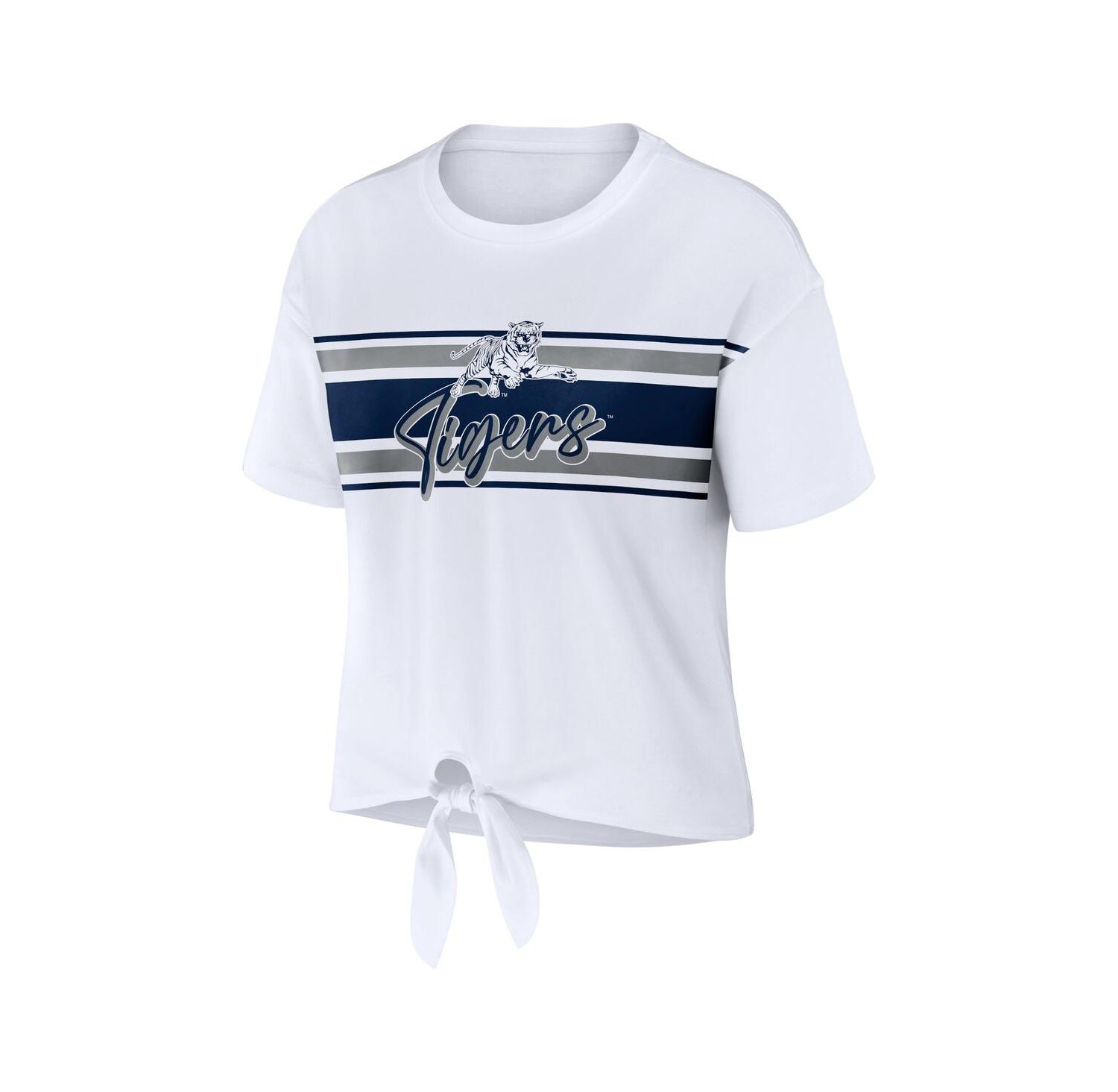 Women's White Jackson State Tigers Striped Front Knot Cropped T-shirt
