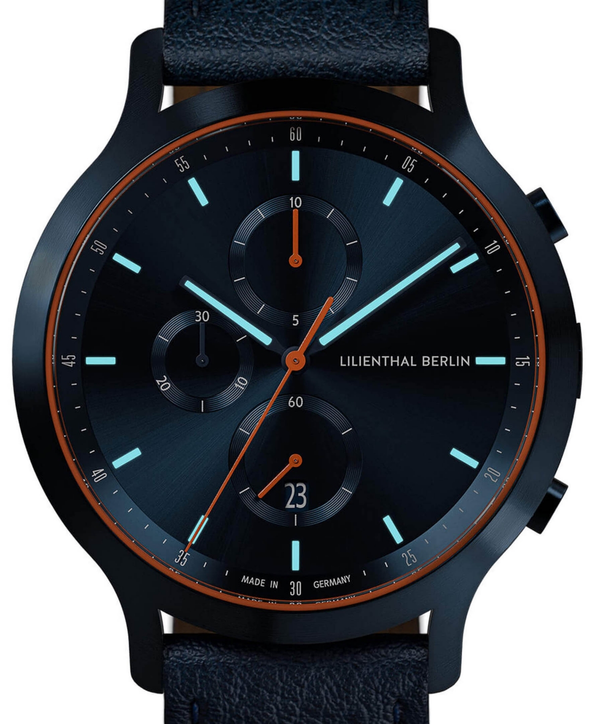 LILIENTHAL BERLIN MEN'S BLUE ORANGE CHRONOGRAPH BLUE LEATHER WATCH 42MM 