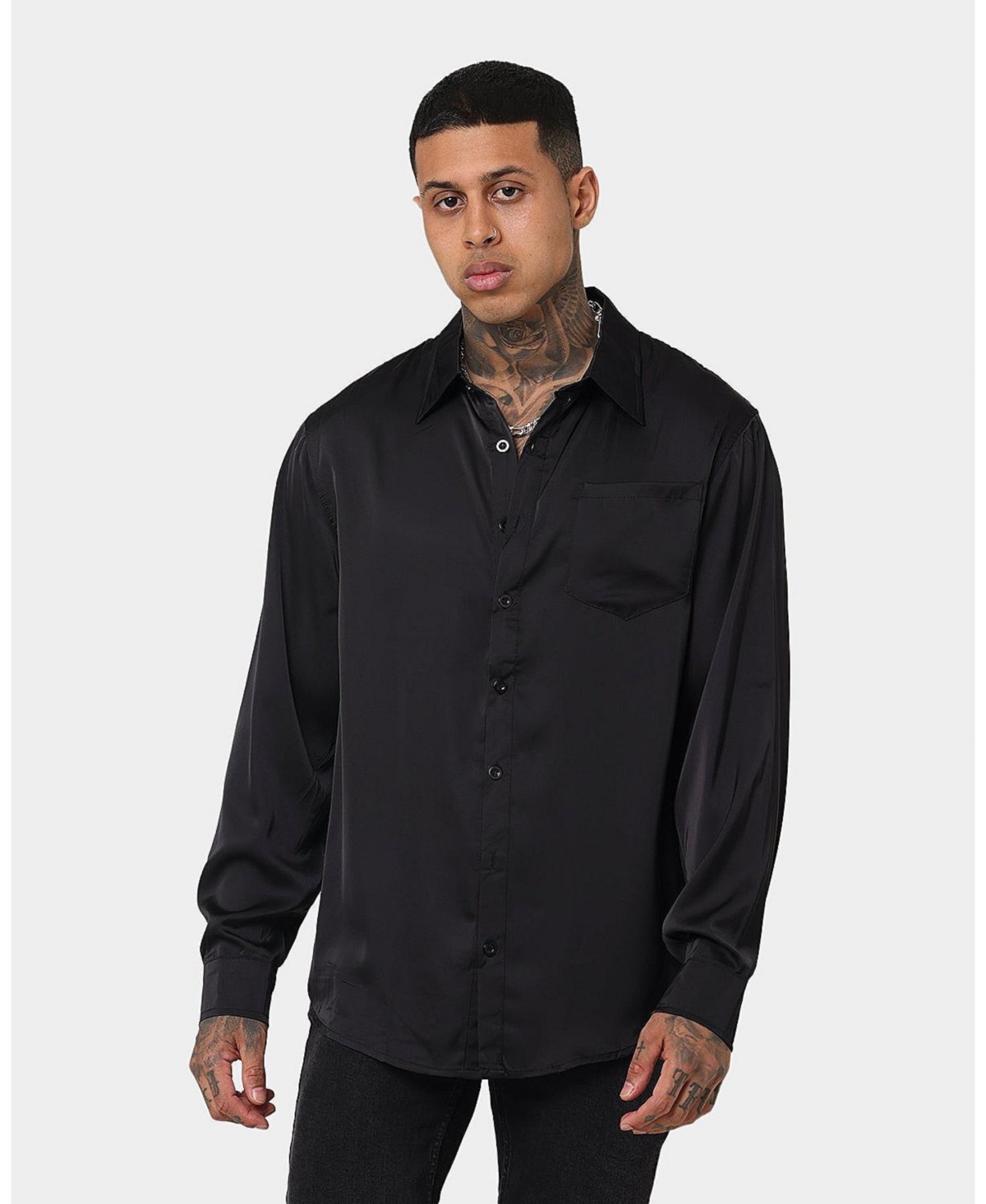 Mens Kai Satin Button Up Shirt - Black
