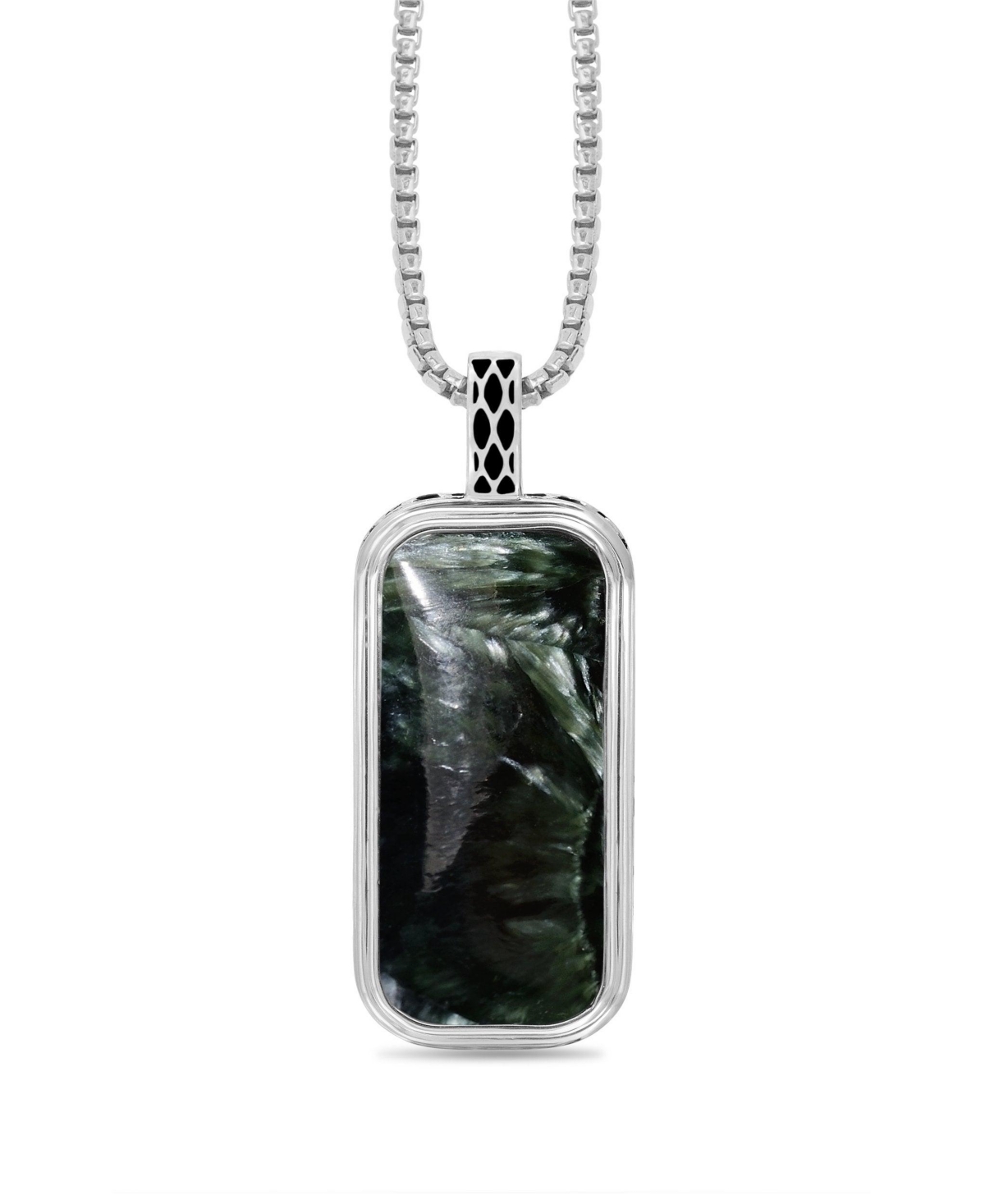 Seraphinite Gemstone Sterling Silver Men Tag in Black Rhodium Plated with Chain - White