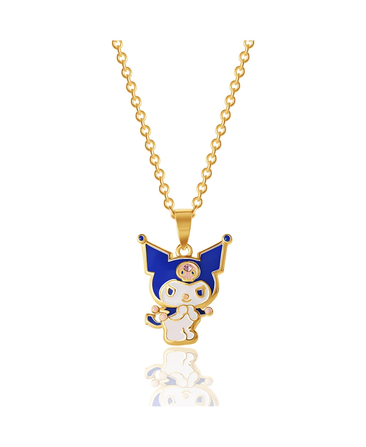 Sanrio Yellow Gold Flash Plated and Light Rose Crystal Kuromi Pendant - 18'' Chain, Officially Licensed Authentic - Dark blue, white