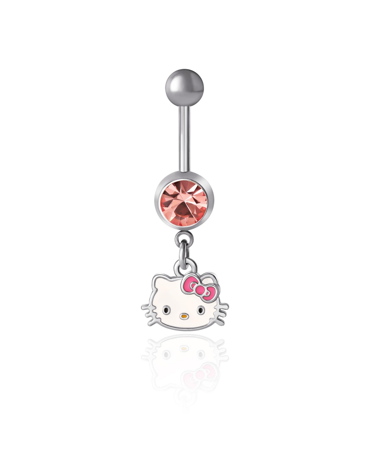 Sanrio Hello Kitty Authentic Officially Licensed Womens 14G Stainless Steel Light Rose Crystal Belly Button Ring - Hello Kitty Face - Pink, white