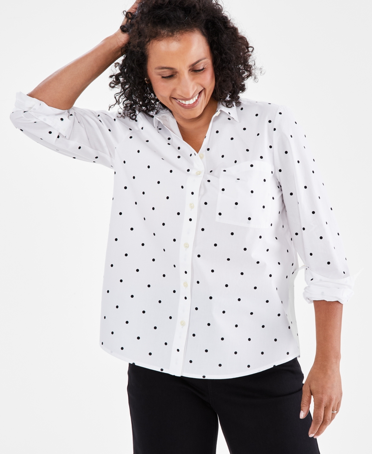 Style & Co Women's Perfect Printed Cotton Button-up Shirt, Created For Macy's In Dot White