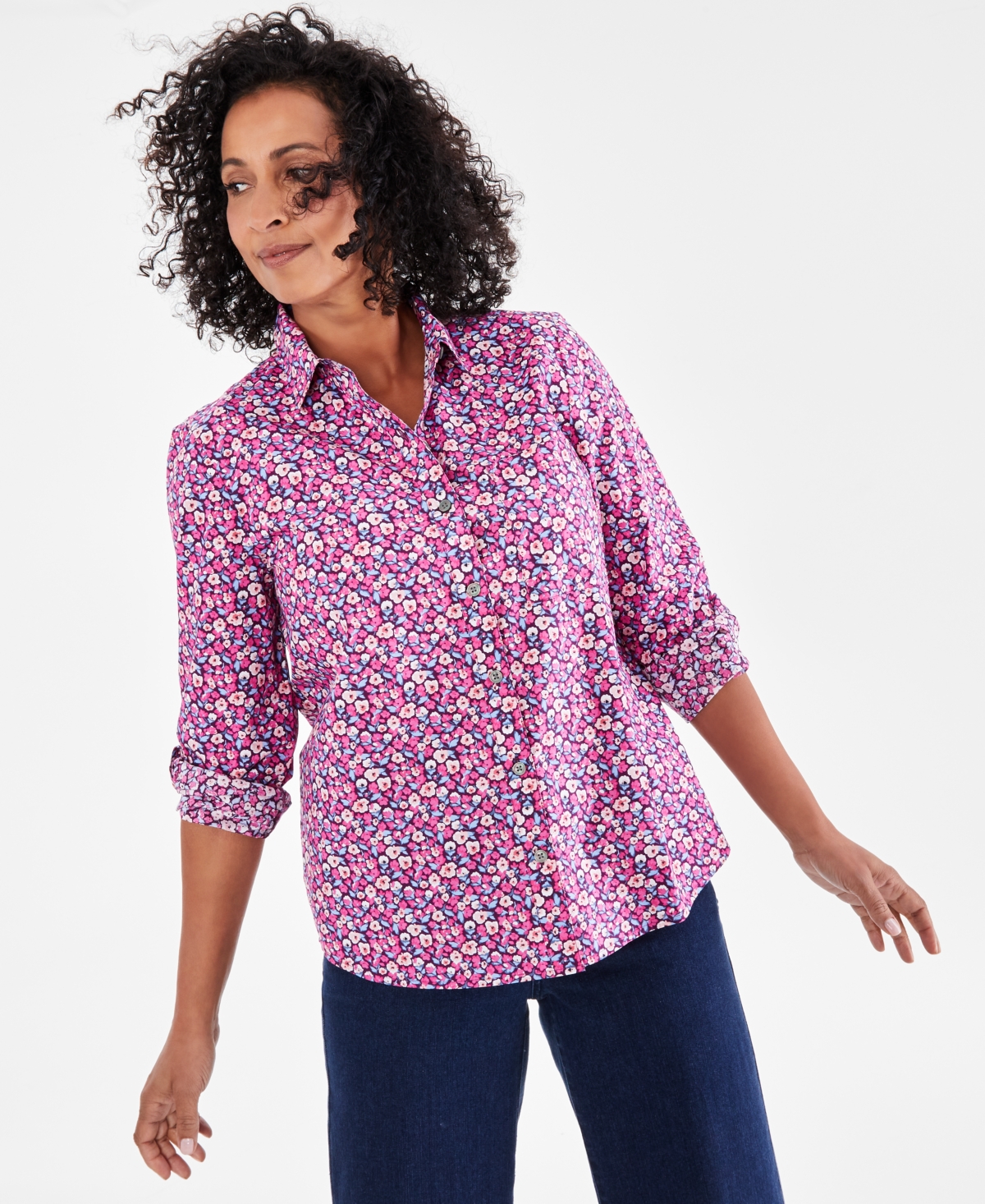 Style & Co Women's Printed Cotton Button-up Shirt, Created For Macy's In Floral Violet