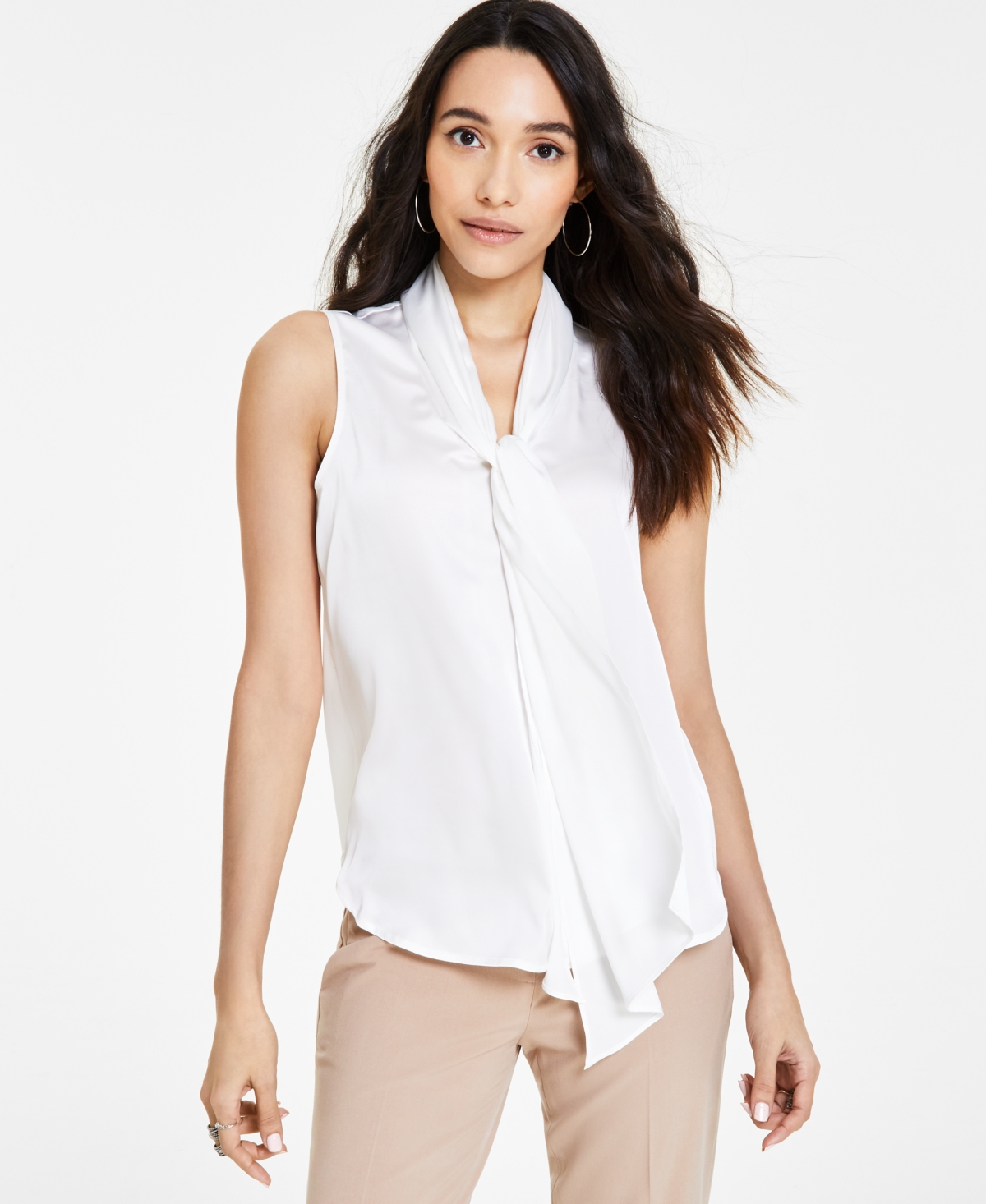 Bar Iii Women's Tie-neck Sleeveless Satin Blouse, Created For Macy's In Lily White