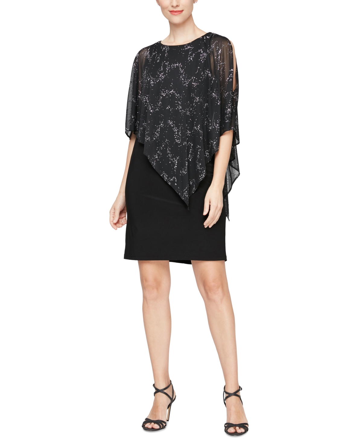Sl Fashions Women's Slit-sleeve Cape Sheath Dress In Black,silver