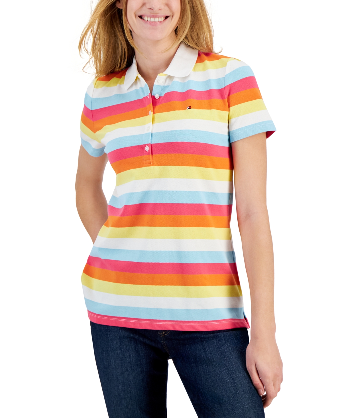 Tommy Hilfiger Women's Cotton Colorful Stripes Polo Shirt In Sky Captain,bright White
