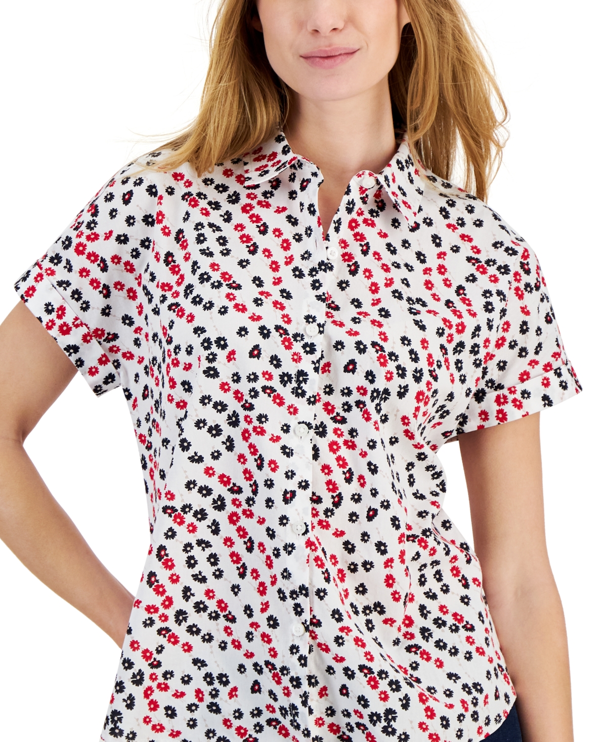Shop Tommy Hilfiger Women's Cotton Ditsy-floral Printed Shirt In Scarlet Multi