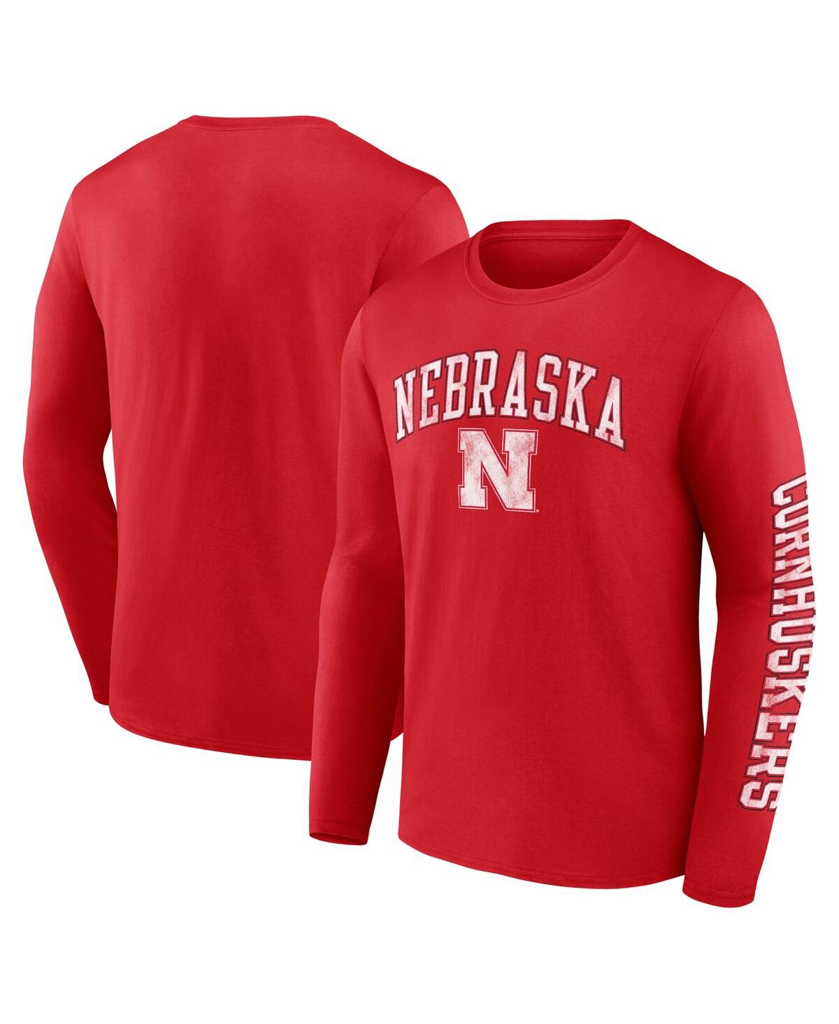 Fanatics Men's  Scarlet Nebraska Huskers Distressed Arch Over Logo Long Sleeve T-shirt