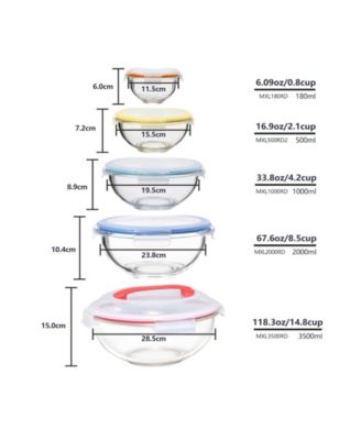 5 Pc Container Nesting Borosilicate Glass Mixing Bowl Set with Locking Lids and Carry Handle