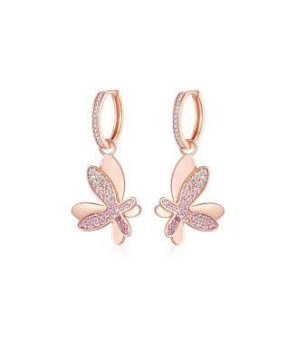 Pave Butterfly Dangle Drop Hoop Earrings