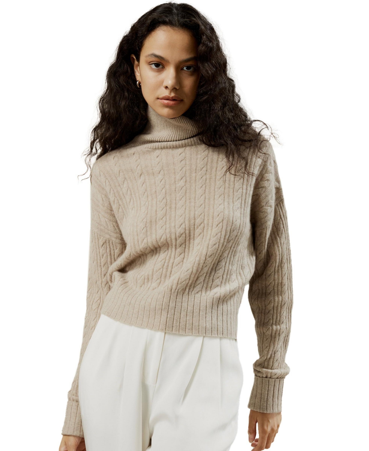 Women's Classic Cable Knit Turtleneck Sweater - Beige