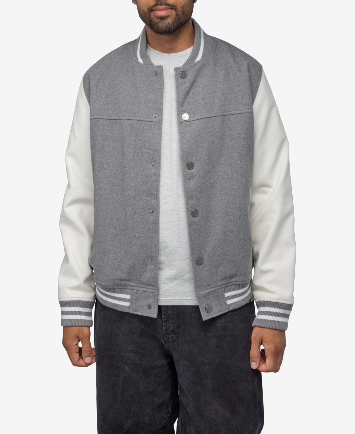 Мужская куртка X-Ray Wool Varsity Bomber With PU Sleeves, цвет: Серый / Белый — фото 13