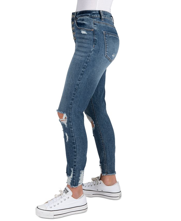Indigo Rein Juniors' Curvy High-Rise Button-Front Distress Ankle Jeans ...