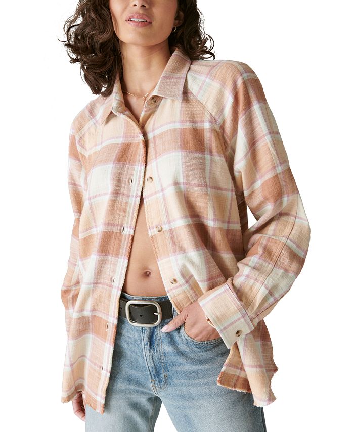 Lucky Brand Women's Cotton Oversized Distressed Plaid Shirt - Macy's
