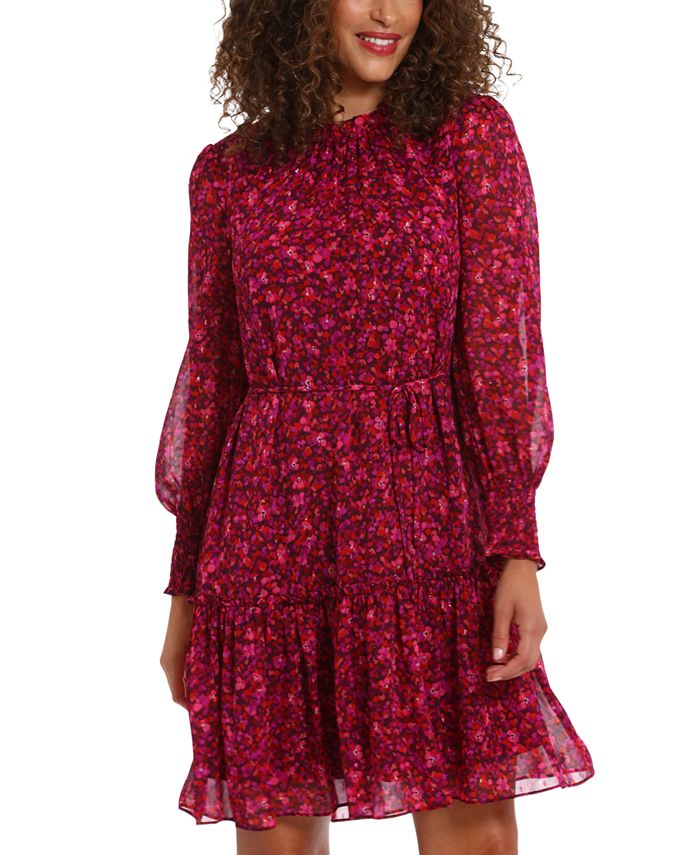 London Times Petite Ruffle-Neck Long-Sleeve Chiffon Dress - Macy's