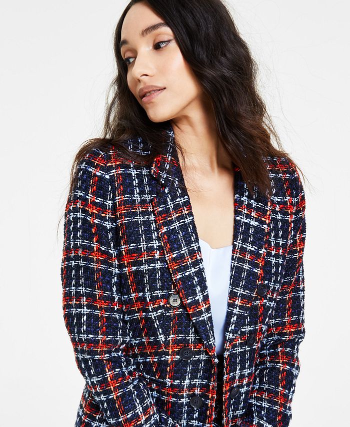 Bar III Women's Multi-Plaid Faux-Double-Breasted Jacket, Created for ...