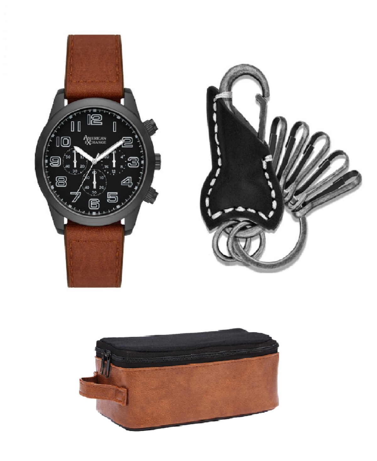 American Exchange Men's Quartz Cognac Polyurethane Leather Watch 48mm Gift Set