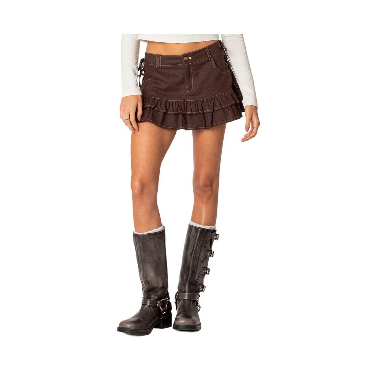Shop Edikted Women's Dev Ruffle Linen Mini Skirt In Brown