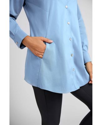 Women's Charlotte Long Button Front Peplum Low Iron Blouse with Popped Collar