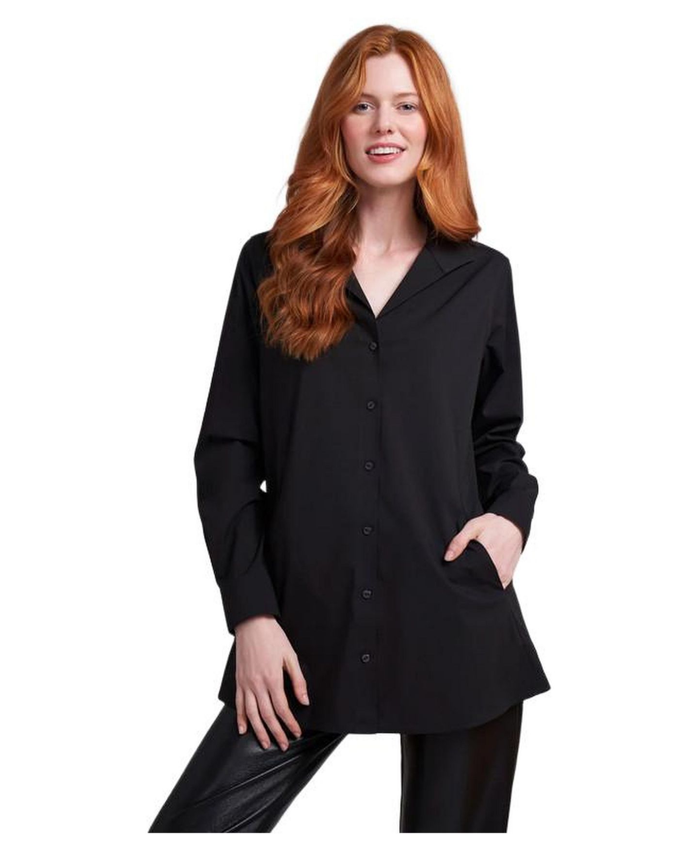 Женская блузка Caldwell Collection Charlotte Long Button Front Peplum Low Iron with Popped Collar, цвет: Чёрный — фото 1