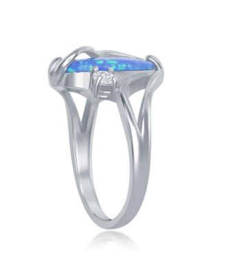 Sterling Silver Blue Inlay Opal Oval Twist With CZ Ring