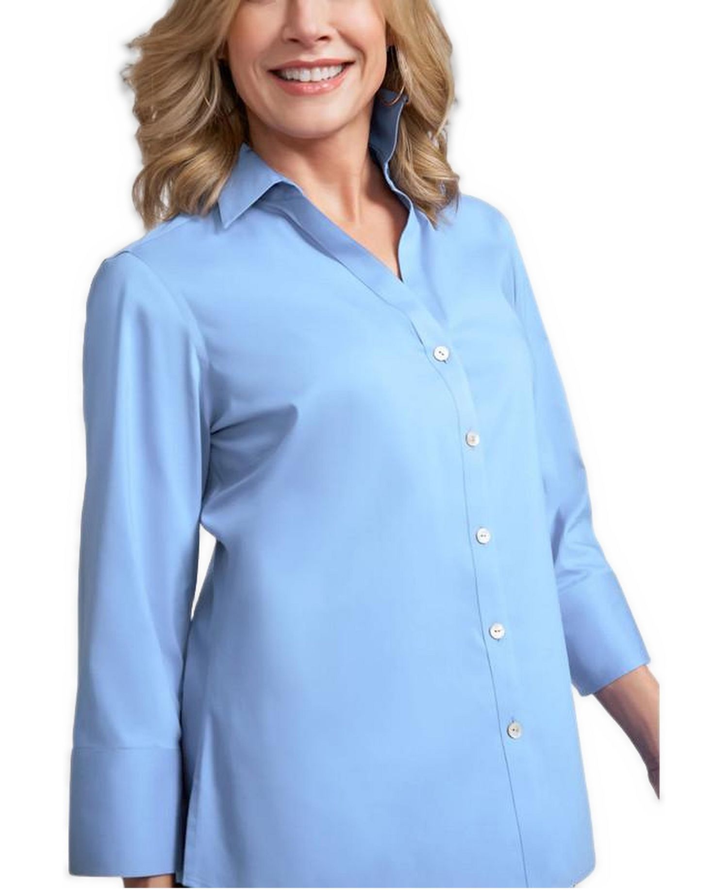 Women's Madie 3/4 Sleeve No Iron Blouse with V Neck Placket and Optional Turn Up Cuffs