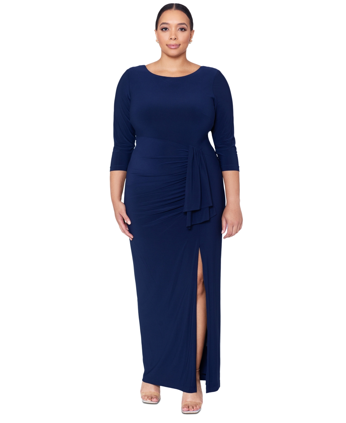 Xscape Plus Size Ruched 3/4-sleeve Gown In Navy