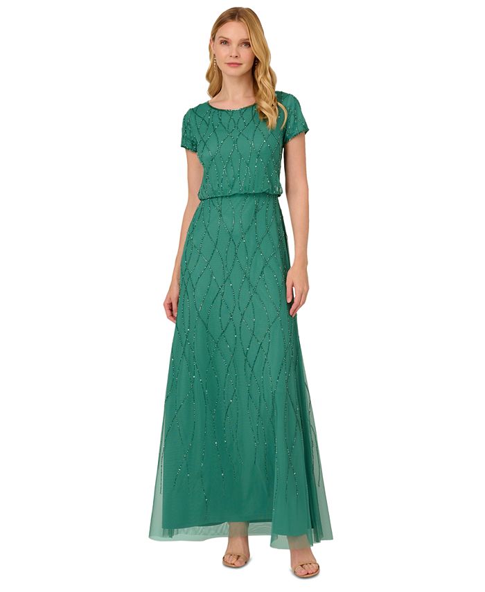 Women's Short Sleeve Embellished Overlay Gown