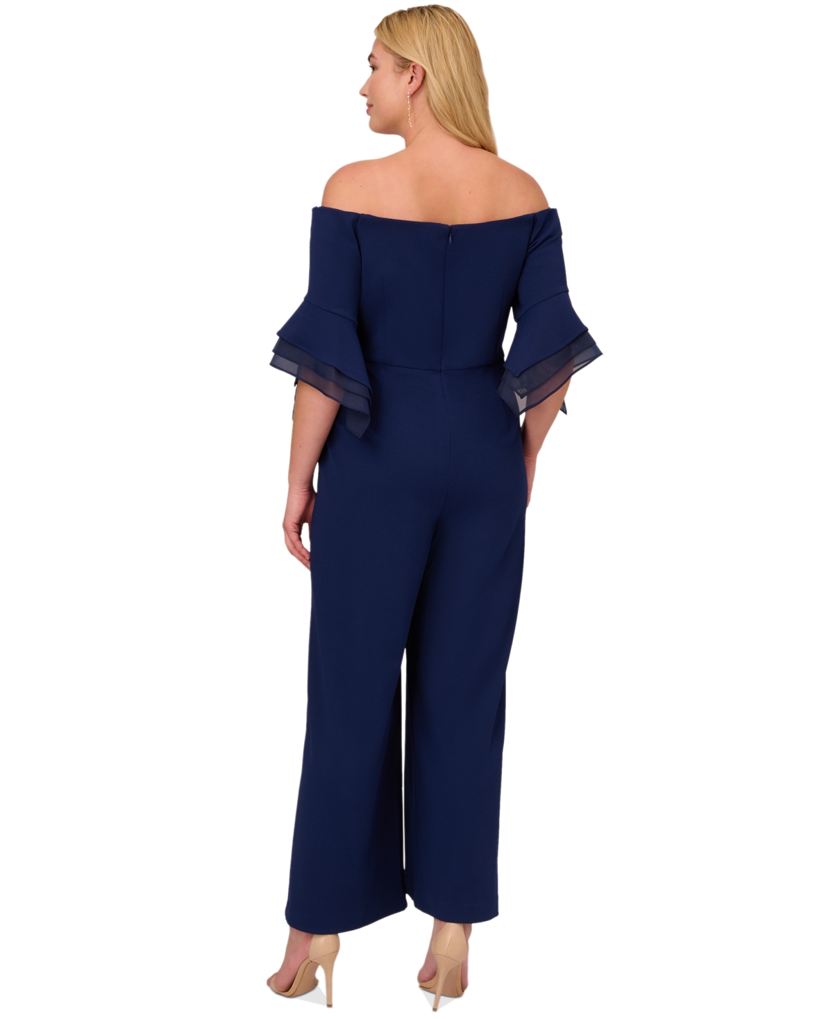 Shop Adrianna Papell Plus Size Off-the-shoulder Organza-sleeve Jumpsuit In Navy Sateen