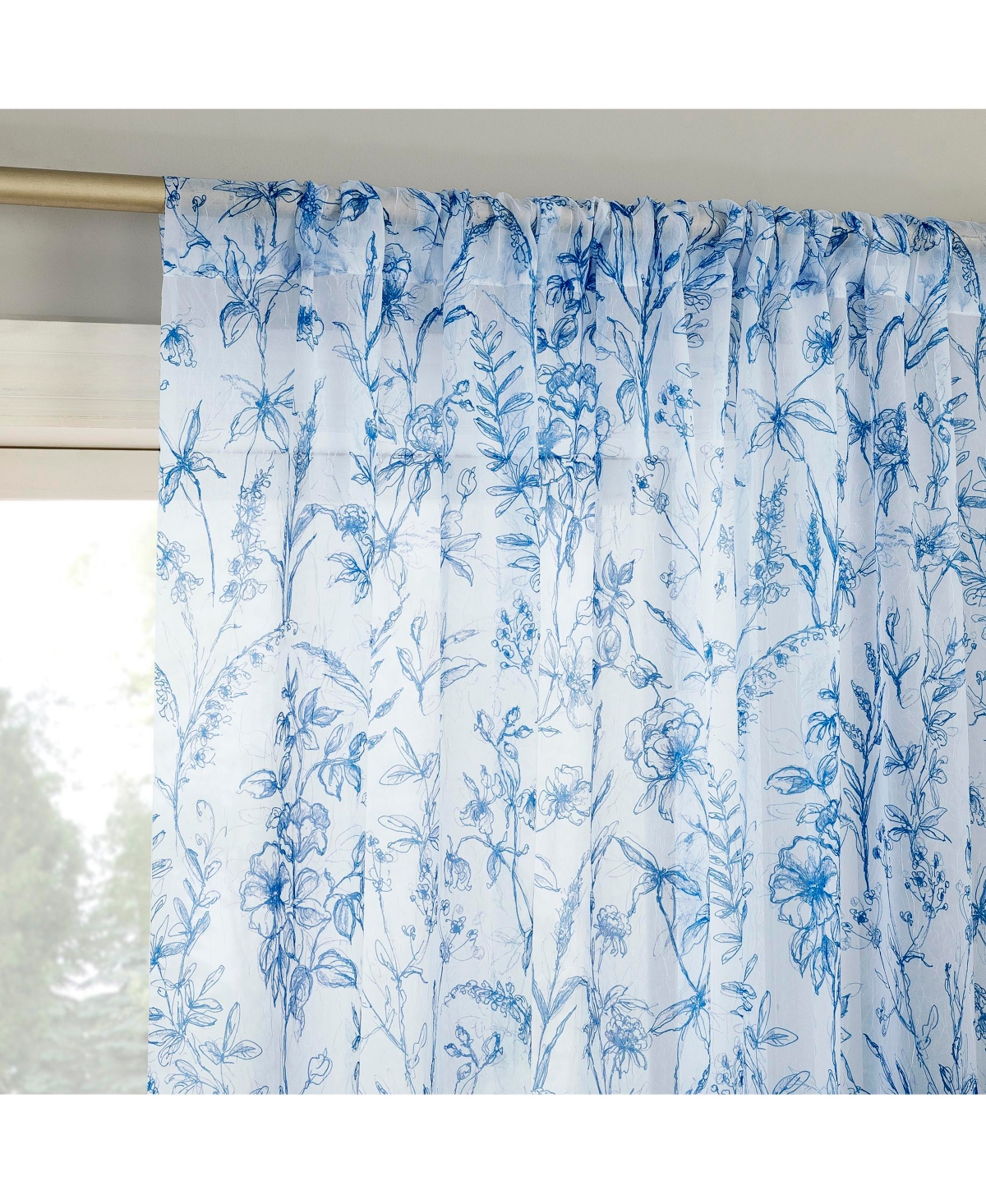 Ambree Vintage like Floral Sheer Rod Pocket Curtain Panel - Chinoiserie blue