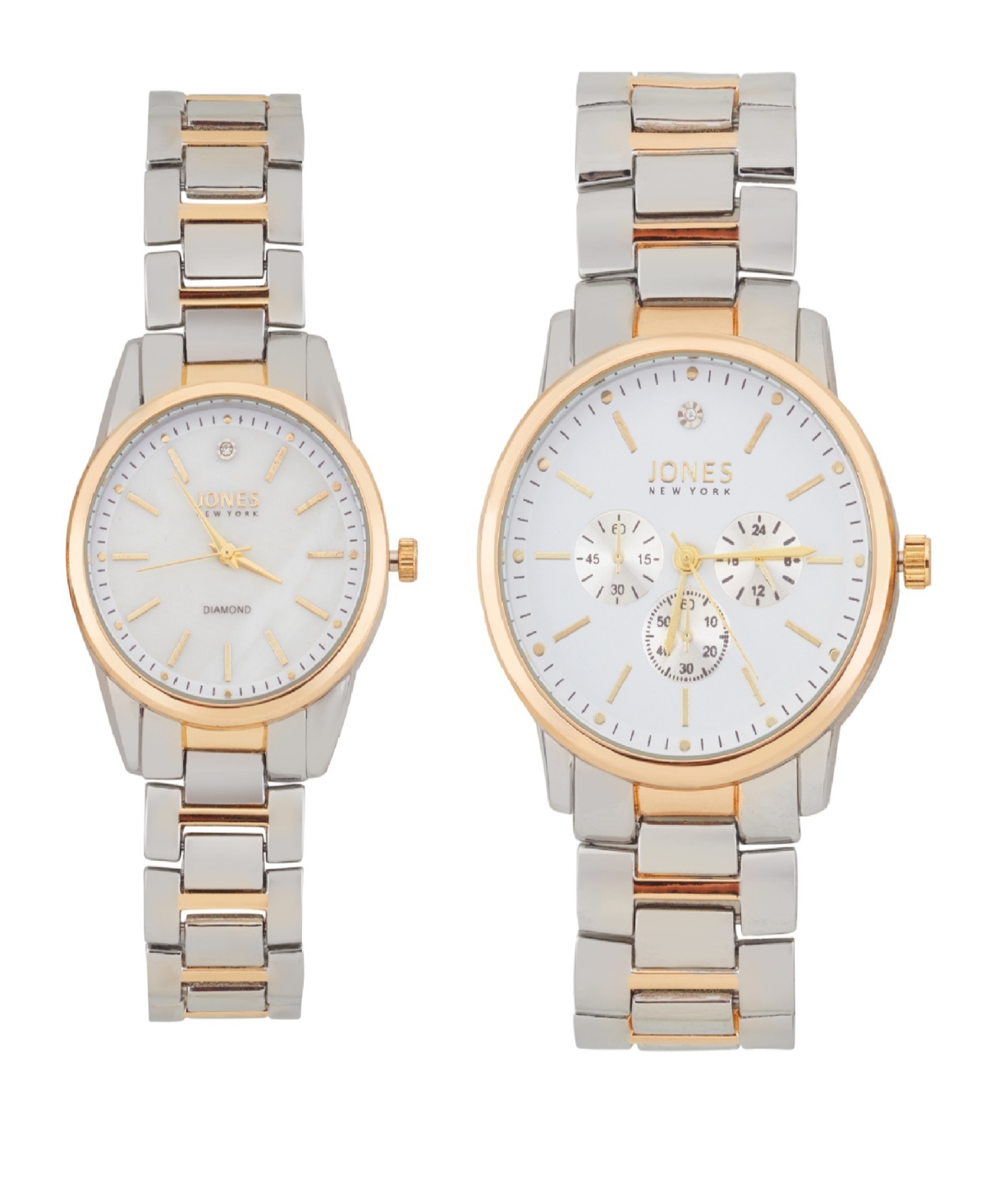 Men and Women's Analog Shiny Two-Tone Metal Bracelet His Hers Watch 42mm, 32mm Gift Set - White, Gold, Silver