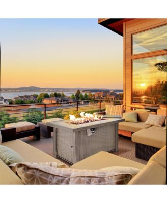 42" Propane Fire Pit Table, 50,000 BTU Wicker-effect Auto-Ignition Gas Fireplace Fire Pits with Ceramic Tabletop, Steel Base, Lid, Lava Rocks and Cover, CSA Certification, Grey