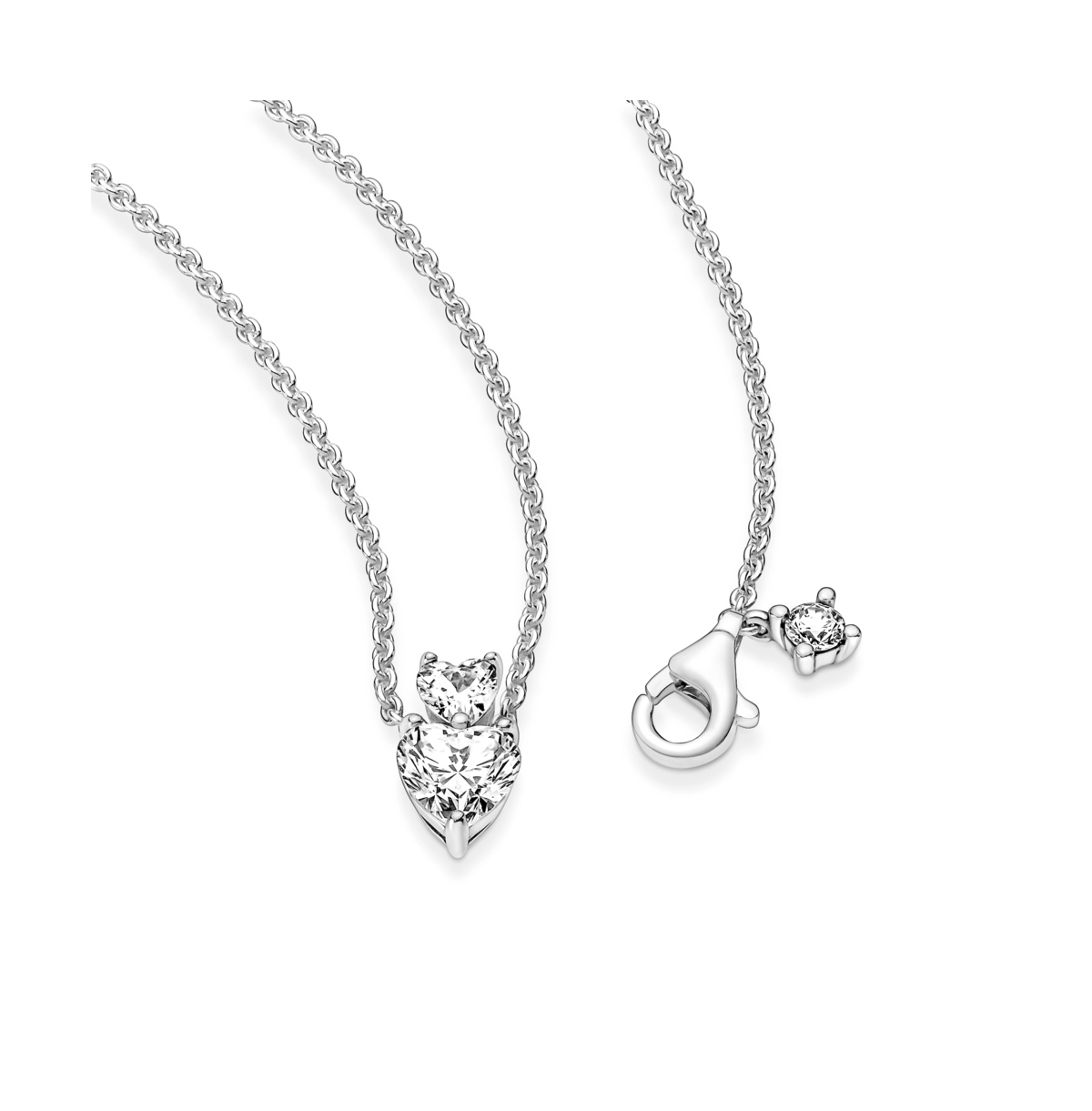 Pandora Timeless Sterling Silver Double Heart Pendant Sparkling Cubic Zirconia Collier Necklace In Silver