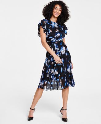 DKNY Petite Floral-Print Flutter-Sleeve Midi Dress - Macy's