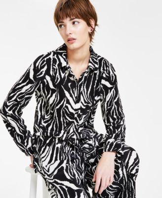 Bar III - Petite Printed Button-Front Long-Sleeve Plisse Shirt
