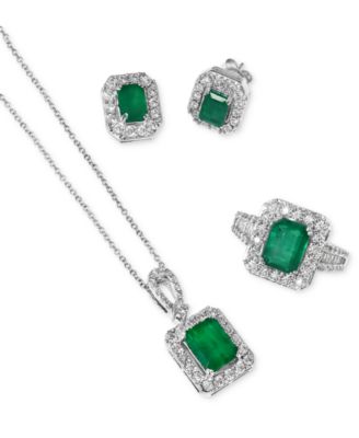Effy Collection Effy Emerald Diamond Earrings Pendant Necklace Ring In 14k White Gold In Emerald,white Gold