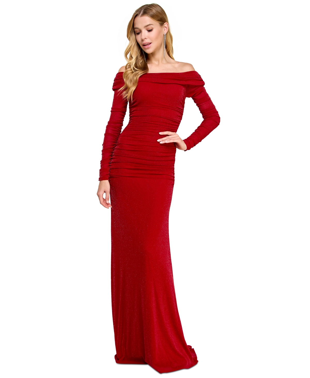 B Darlin Juniors' Metallic Shirred Off-the-shoulder Gown In Red,silver