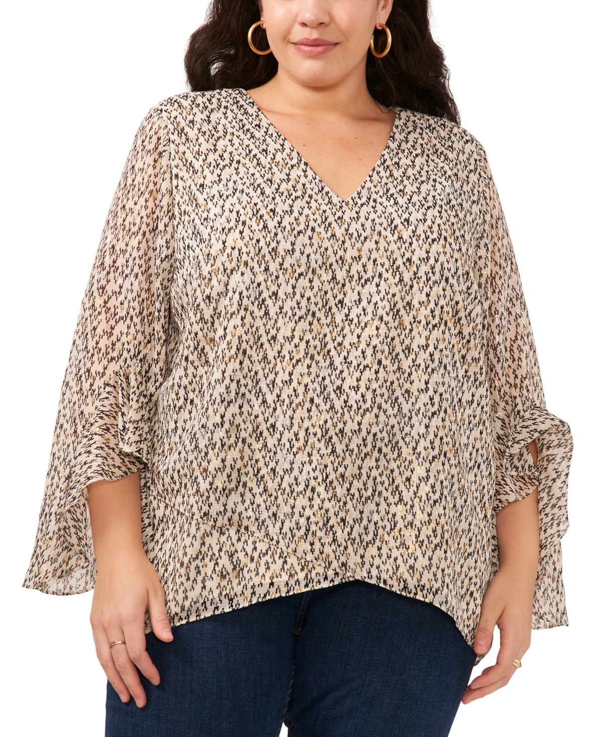 Plus Size Printed Flutter-Sleeve Blouse - Rich Cream