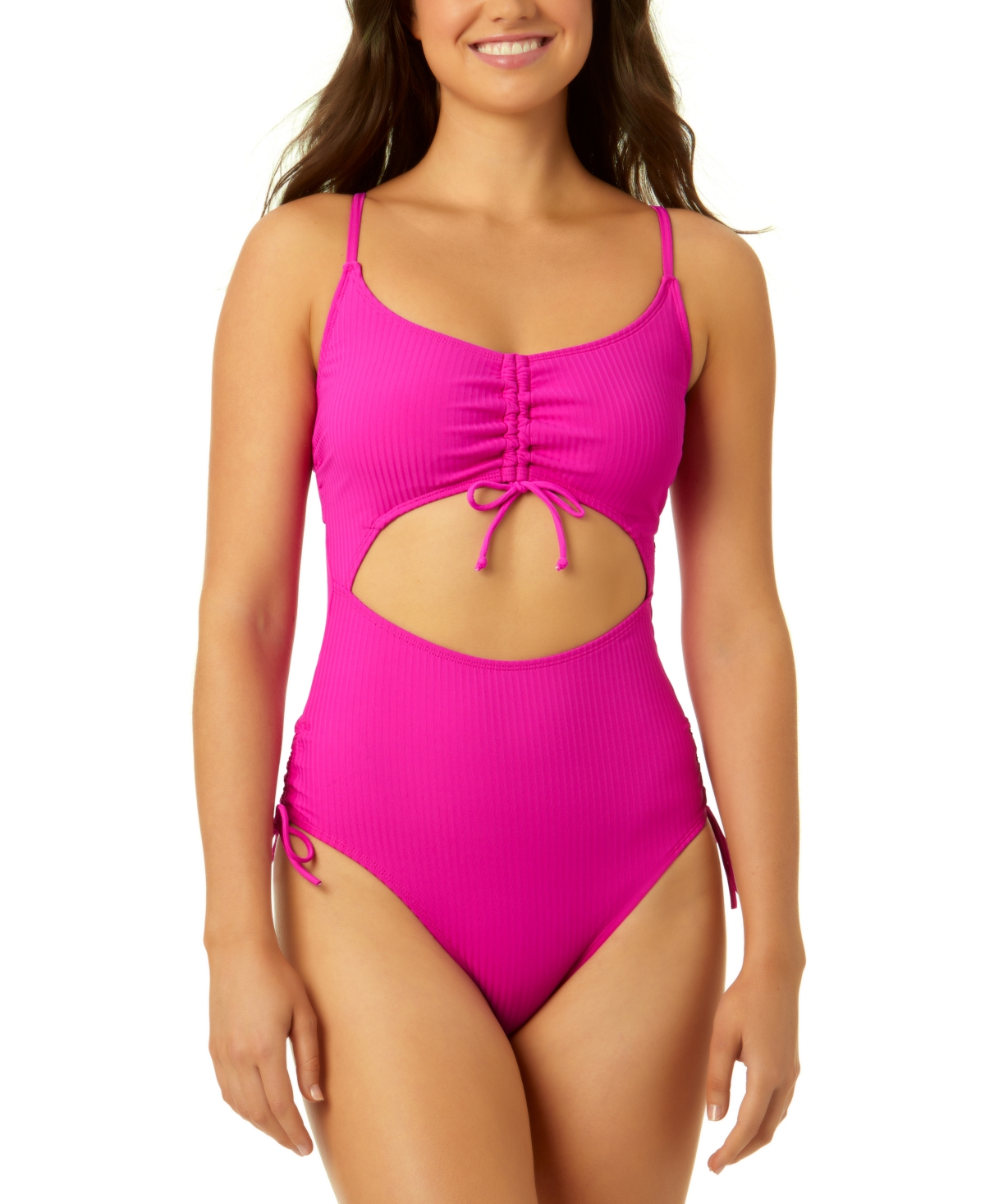 Juniors' Adjustable-Cinch Ribbed One-Piece Swimsuit, Created for Macy's - Pink