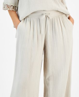 Women's Wide Leg Cotton Gauze Pants, Created for Macy's