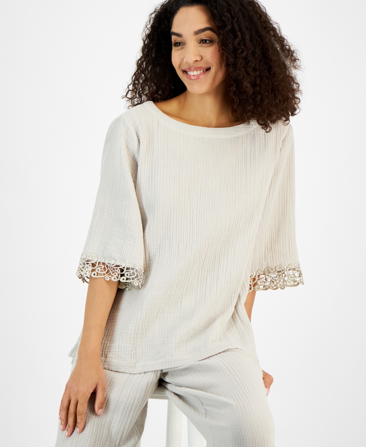 Shop Jm Collection Petite Cotton Dolman-sleeve Sweater In Stone Wall